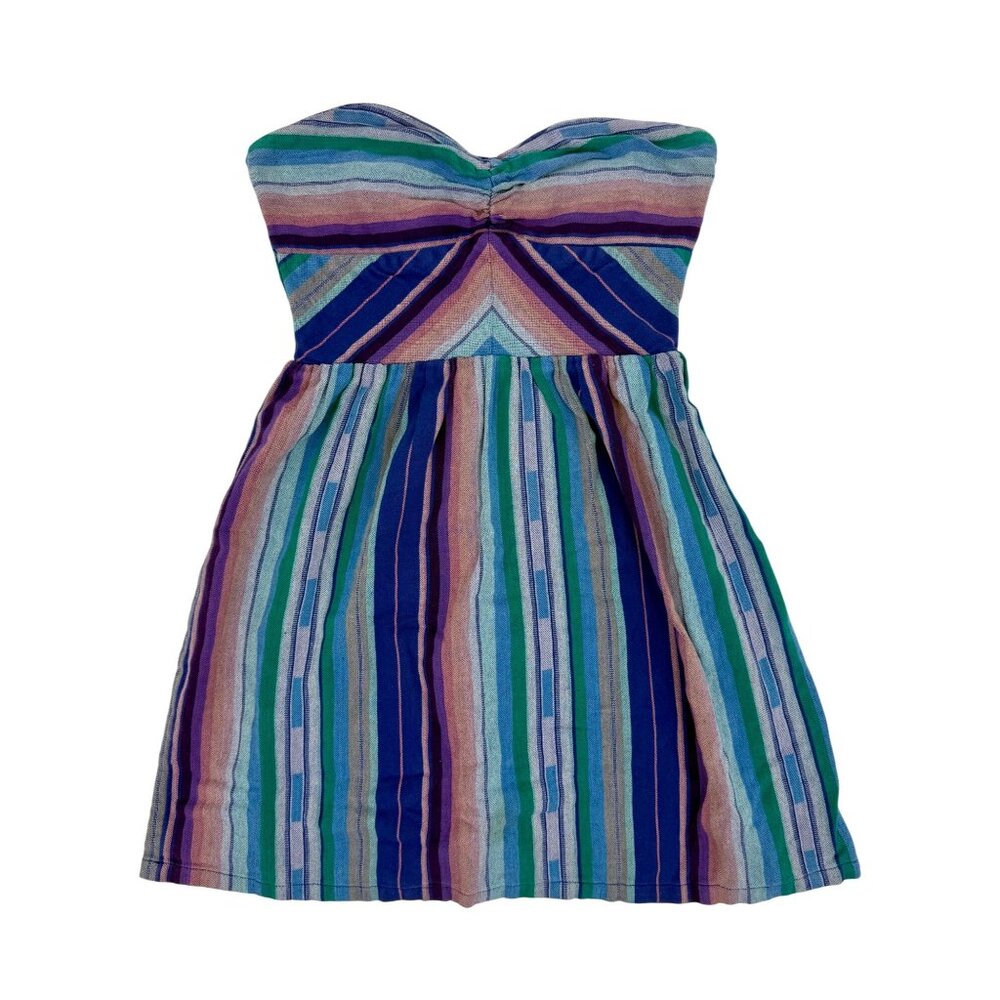 Vintage Y2K Roxy Coastal Cowgirl Strapless Striped Beachy Boho Indie Mini Dress - Picture 2 of 16